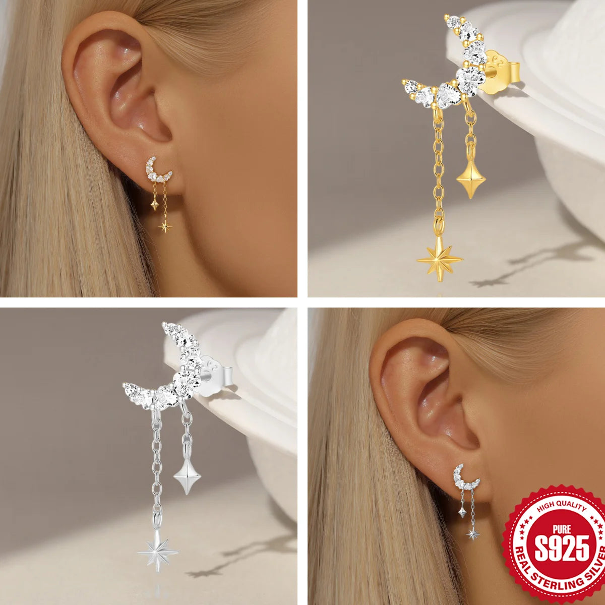 AIDE Star Moon Chain Tassel  925 Sterling Silver Shiny For Woman Piercing Earring Fashion Dainty Luxury Style fine jewelry