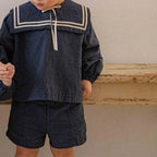 2026 Summer New Children Long Sleeve Clothes Set Boys Girls Bow Sailor Collar Shirts + Shorts 2pcs Suit Kids Cotton Outfits