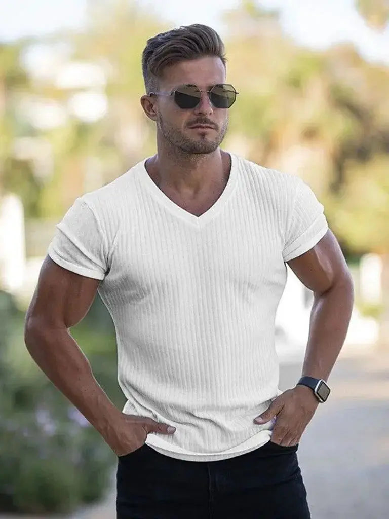 Men's V-Neck Ribbed Slim Fit T-Shirt 2026 Summer Casual Short Sleeve Muscle Fit Tops Streetwear Bodycon Tees