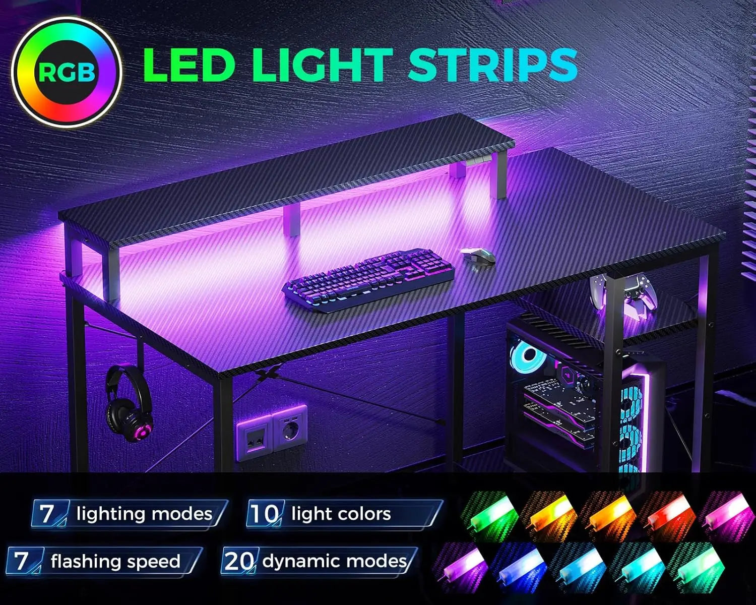 40 Inch Gaming Desk with Storage, LED Lights, Shelf & Monitor Stand in Carbon Fiber Black