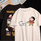 2026 Summer Comic Form Crayon Shin-chan Image 100% Cotton Printed Oversize Casual T-shirt Adult Children Parent-child Top y2k.