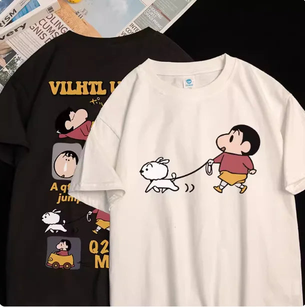 2026 Summer Comic Form Crayon Shin-chan Image 100% Cotton Printed Oversize Casual T-shirt Adult Children Parent-child Top y2k.