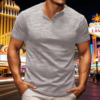 Men's casual Henry-style T-shirt - A fitted short-sleeved round-neck shirt with texture, suitable for daily street wear