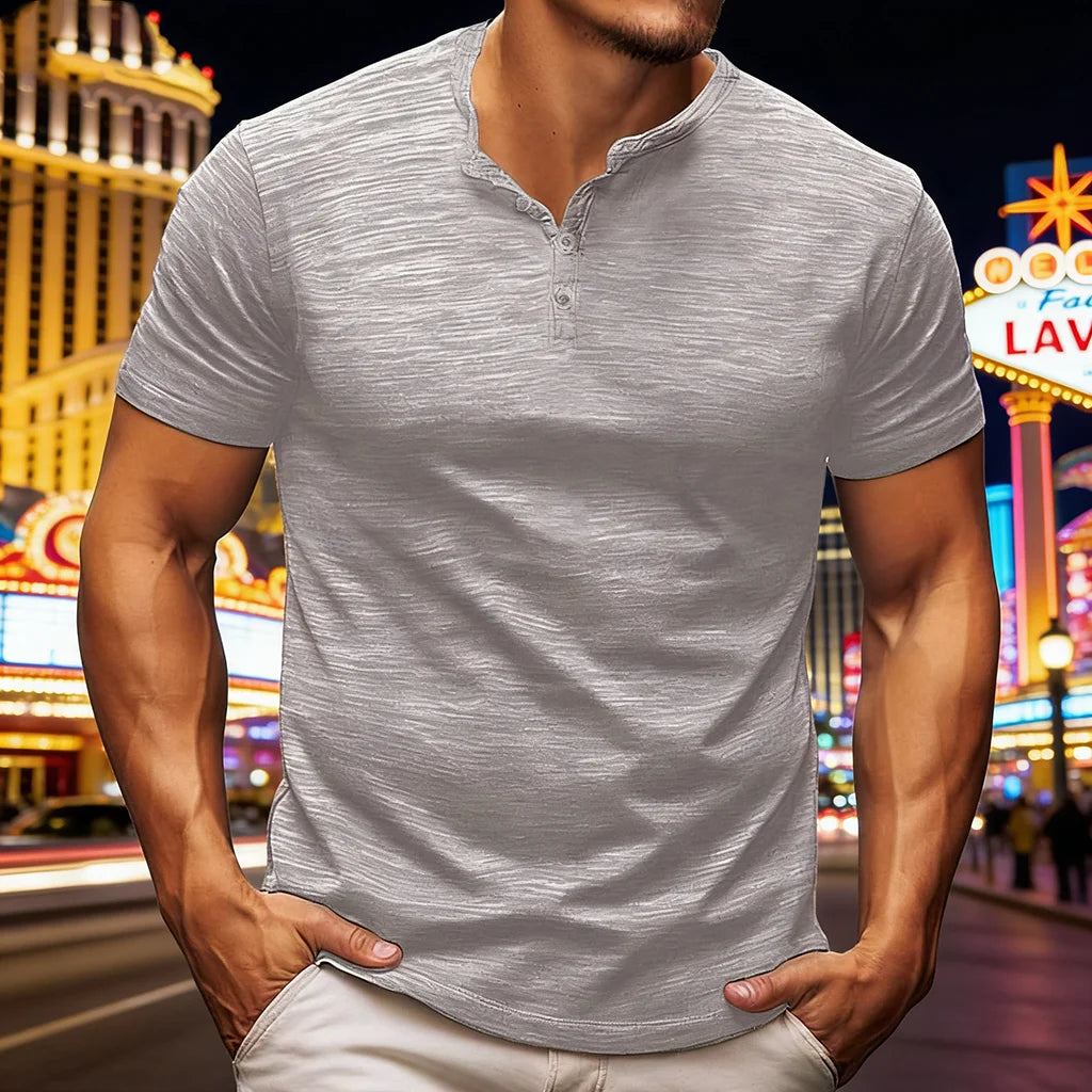 Men's casual Henry-style T-shirt - A fitted short-sleeved round-neck shirt with texture, suitable for daily street wear
