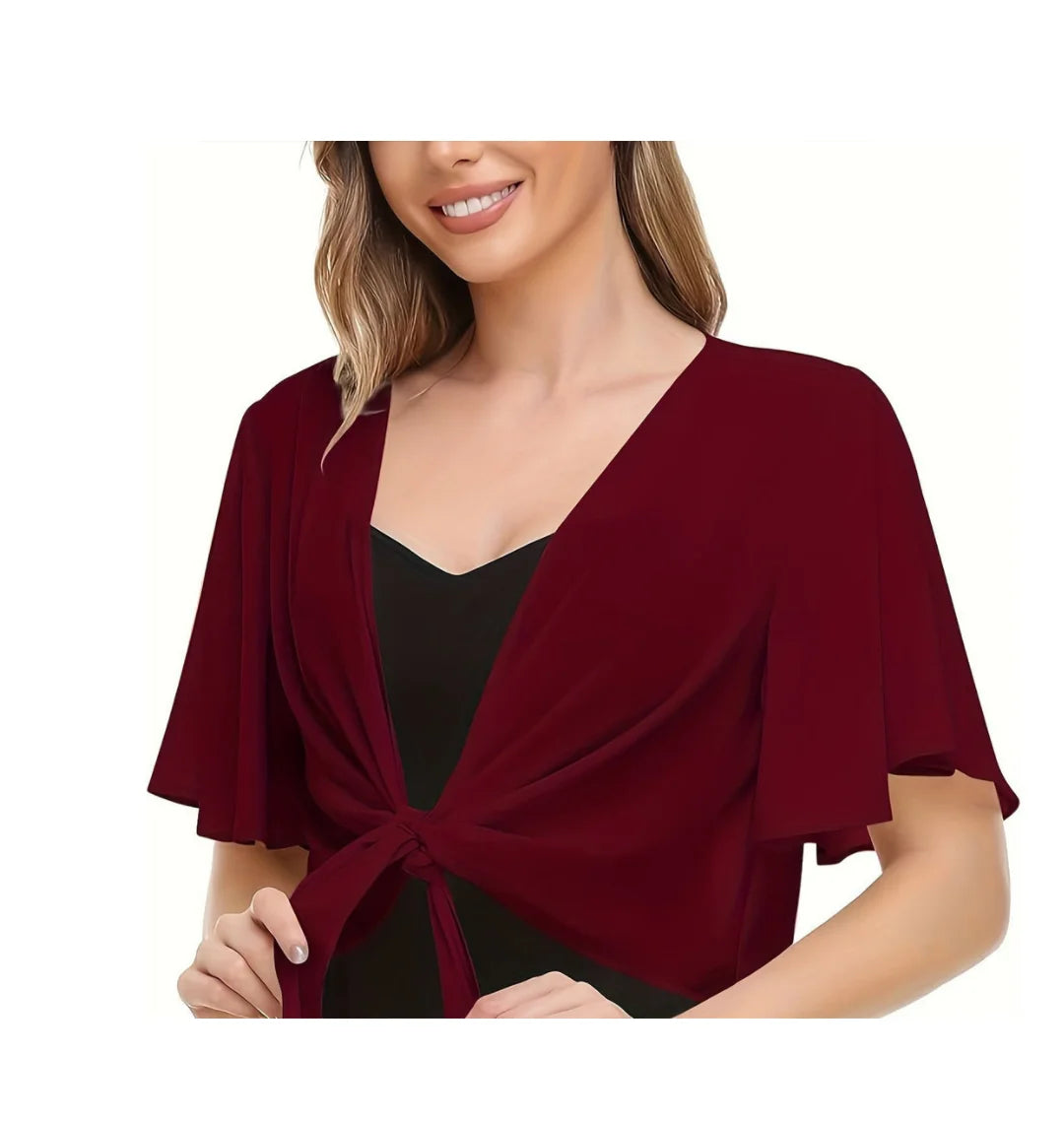 2026 Europe and the United States new women's blouse solid color short-sleeved cardigan thin chiffon cape tied and tied cape