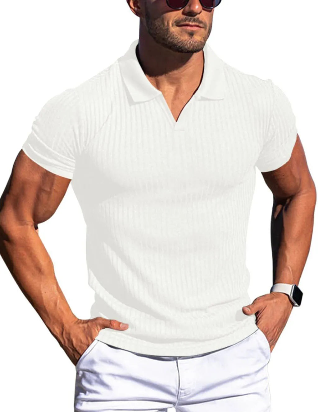 Men's Slim Fit V-Neck Ribbed T-Shirt 2025 Summer Casual Short Sleeve Muscle Fit Tops Streetwear Fashion Bodycon Tees