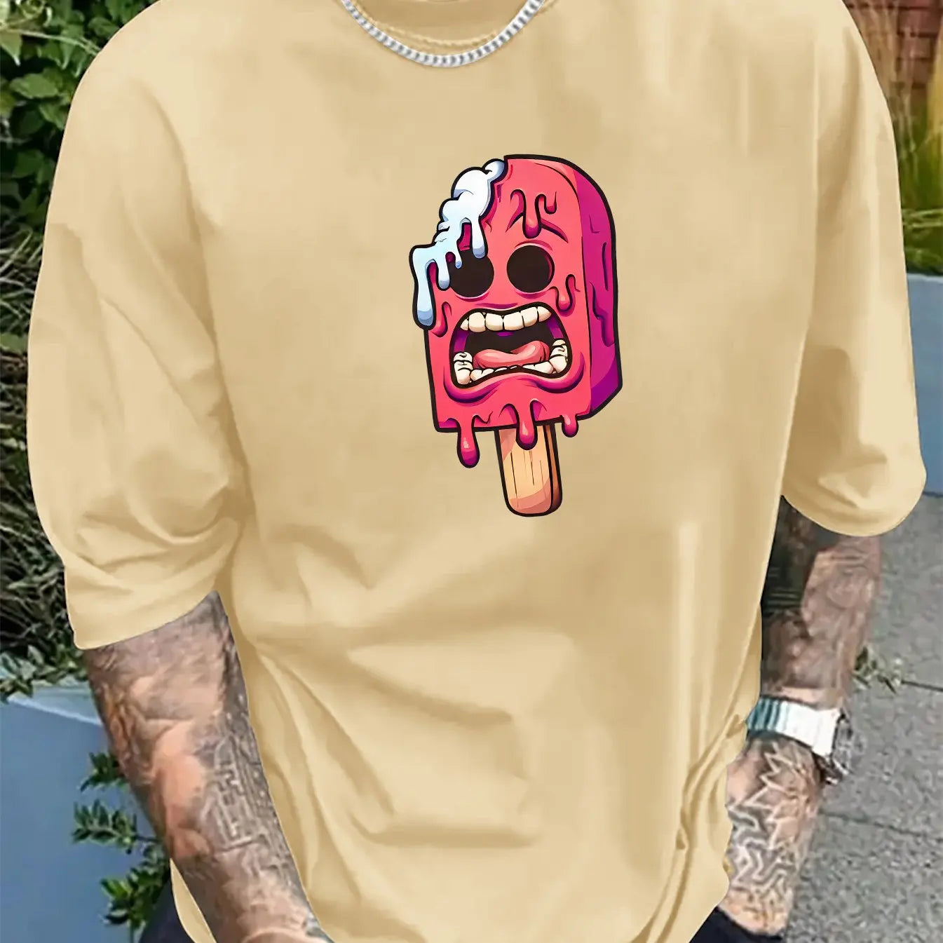 Men's summer 100% pure cotton fashionable casual sports loose ice cream pattern print round neck short sleeved T-shirt top