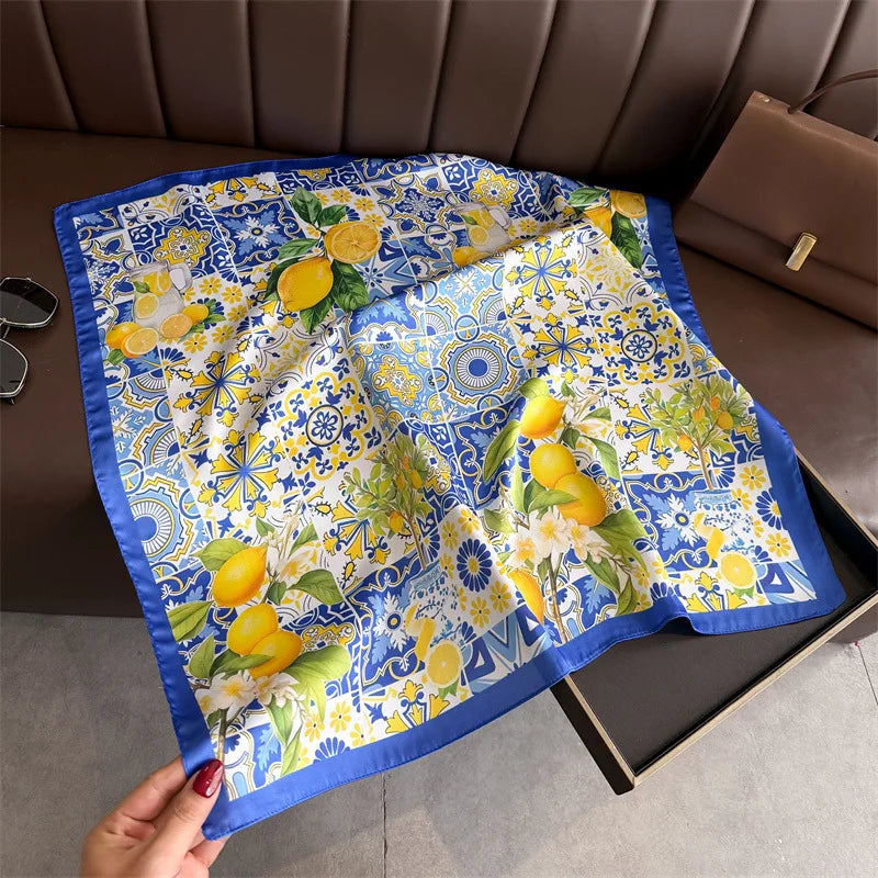 Lemon Print Silk Square Scarf Women Luxury Soft Satin Kerchief Thin Neck Scarf Fashion Sunscreen Headscarf For Women Bag Ribbon