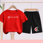 Children's Set - Summer Boys and Girls Sports T-Shirts Casual Short-Sleeved Shorts Set (Two-Piece) Suitable for 2 To13 Years Old