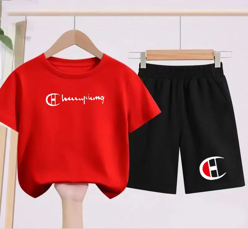 Children's Set - Summer Boys and Girls Sports T-Shirts Casual Short-Sleeved Shorts Set (Two-Piece) Suitable for 2 To13 Years Old