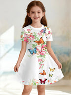 Dress for Girls Beautiful Butterfly Printed Short Sleeve Dress Summer Loose Girls' Casual Dress Round Neck Hot Sale Girl Clothes