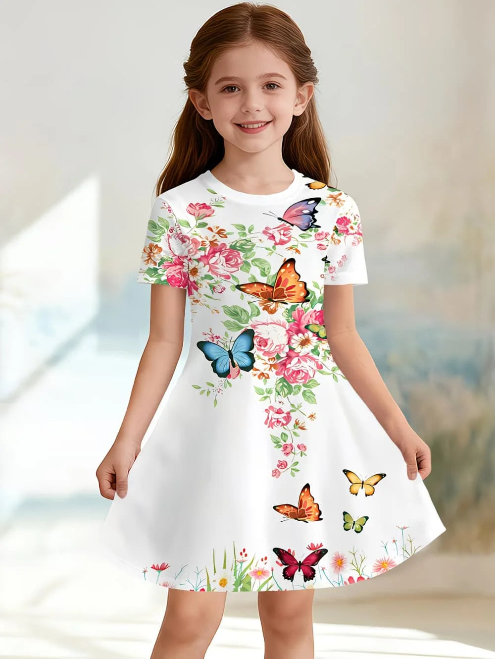 Dress for Girls Beautiful Butterfly Printed Short Sleeve Dress Summer Loose Girls' Casual Dress Round Neck Hot Sale Girl Clothes