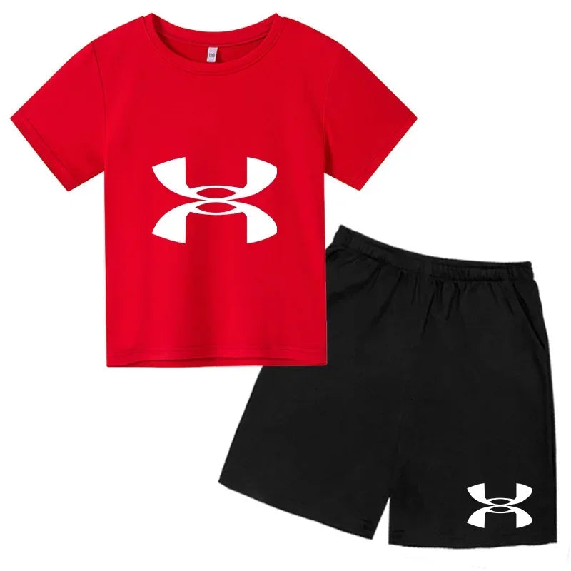 enfants en 2 piècesT-shirt et short de sport à manches courtes pour enfants avec logo imprimé - Ensemble de vêtements de sport