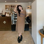 Summer Fashion Casual Trend Retro Letter-print Plus-size Loose Dress Women's Round Neck Casual Short-sleeved Home Wear