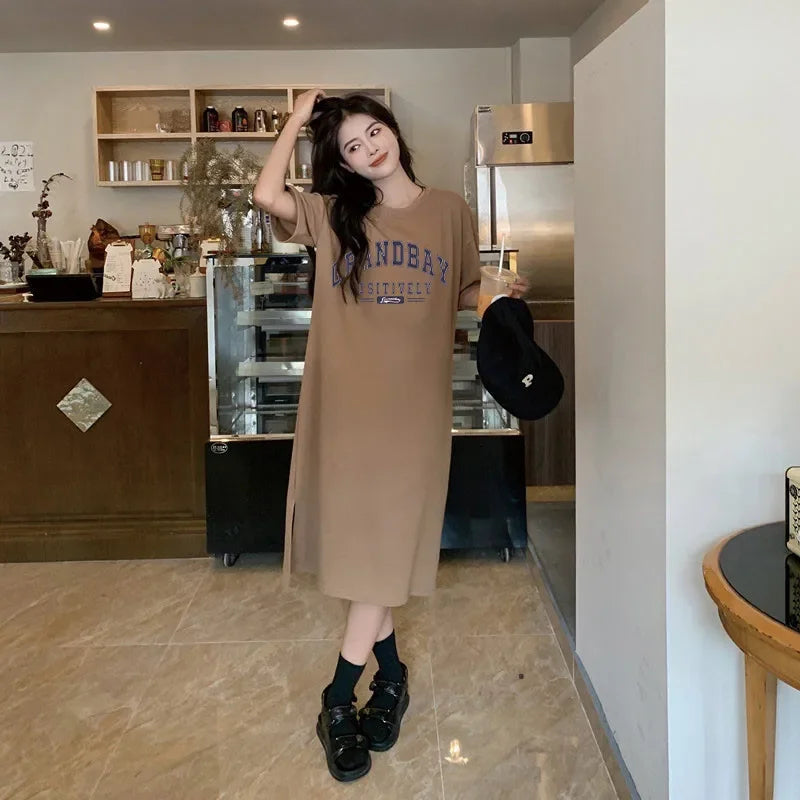 Summer Fashion Casual Trend Retro Letter-print Plus-size Loose Dress Women's Round Neck Casual Short-sleeved Home Wear