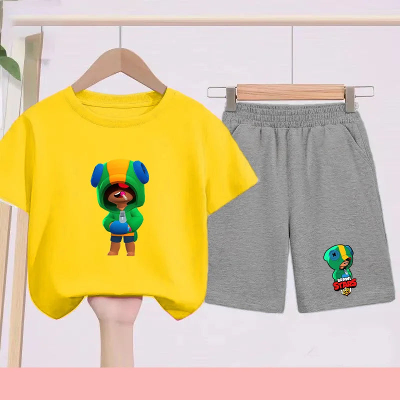 Children's Set Summer Suitable for Both Boys and Girls -Round-neck Cartoon Anime Sports T-Shirt Baby Short-Sleeved Shorts (Set)