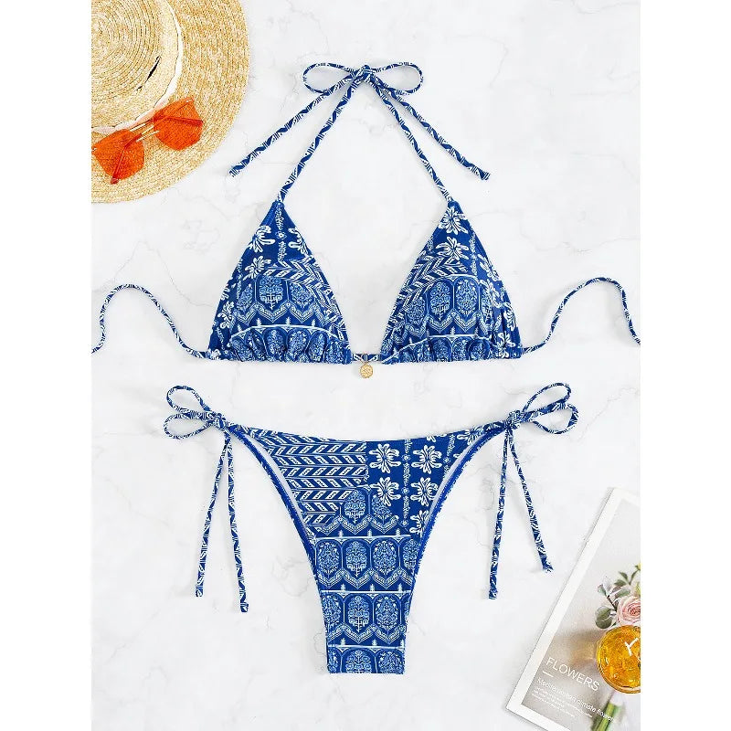 Sexy Leopard Print Two Piece Swimsuit Set Triangle Bra Suspender Halter Backless Bikini Set Beach Vacation Lace-up Swimwear