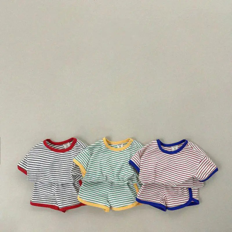 2026 Summer New Children Short Sleeve Clothes Set Boys Girls T Shirts + Shorts 2pcs Suit Baby Cute Striped Kids Casual Outfits