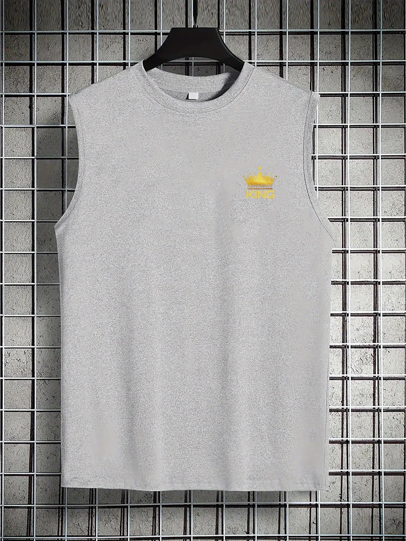 Men's Summer Leisure Sports Fitness Loose KING Crown Pattern Printed Comfortable Breathable Round Neck Sleeveless Tank Top