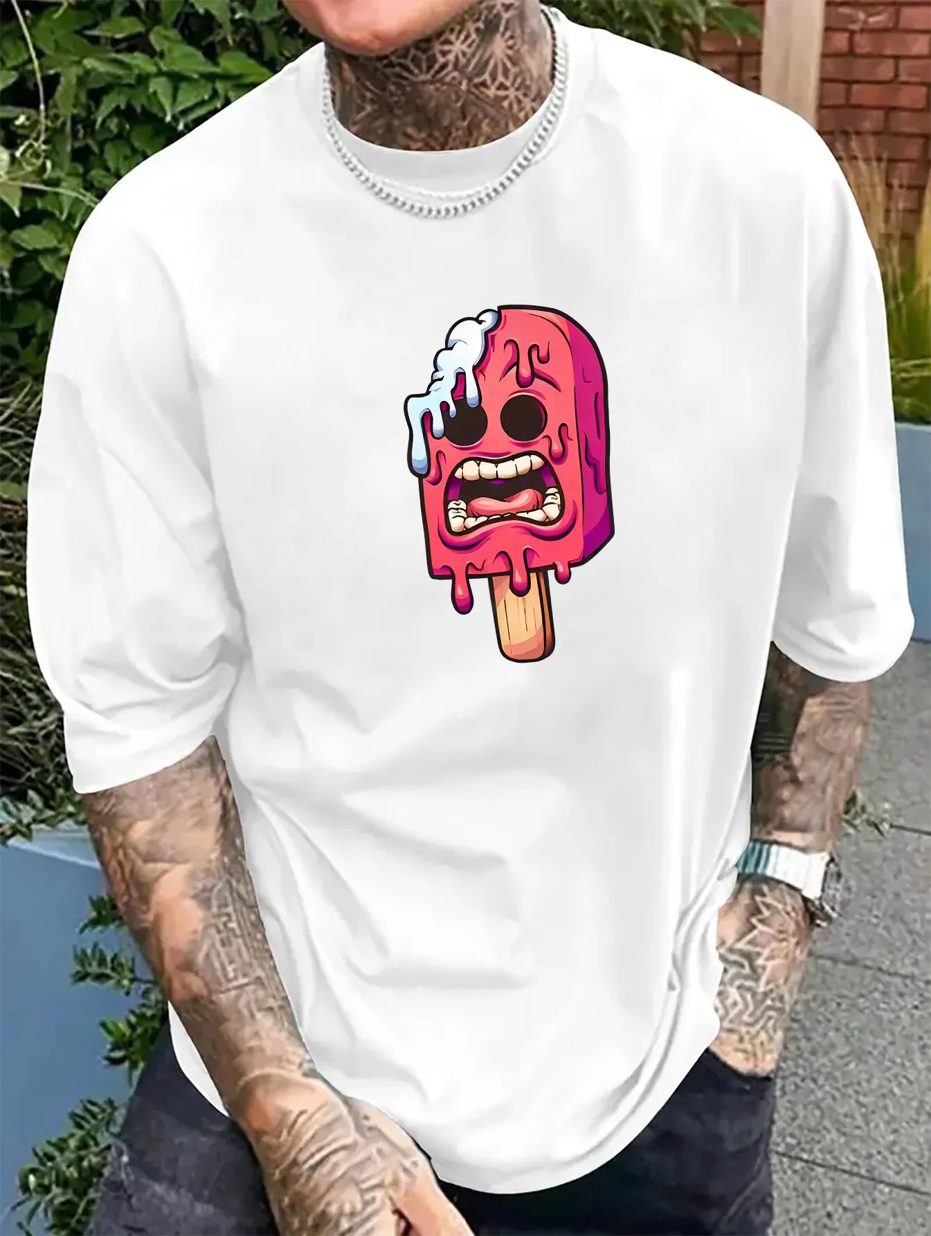 Men's summer 100% pure cotton fashionable casual sports loose ice cream pattern print round neck short sleeved T-shirt top