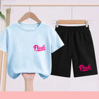 Children's summer multi-color sports short-sleeved T-shirt shorts 2-piece cartoon exquisite print children's first gift