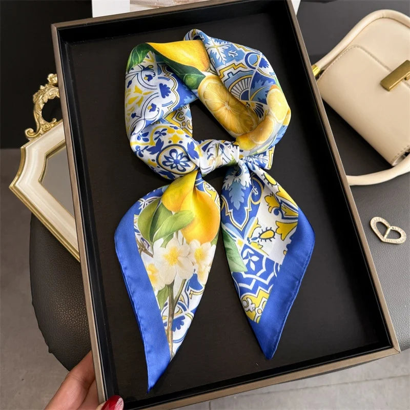 Lemon Print Silk Square Scarf Women Luxury Soft Satin Kerchief Thin Neck Scarf Fashion Sunscreen Headscarf For Women Bag Ribbon