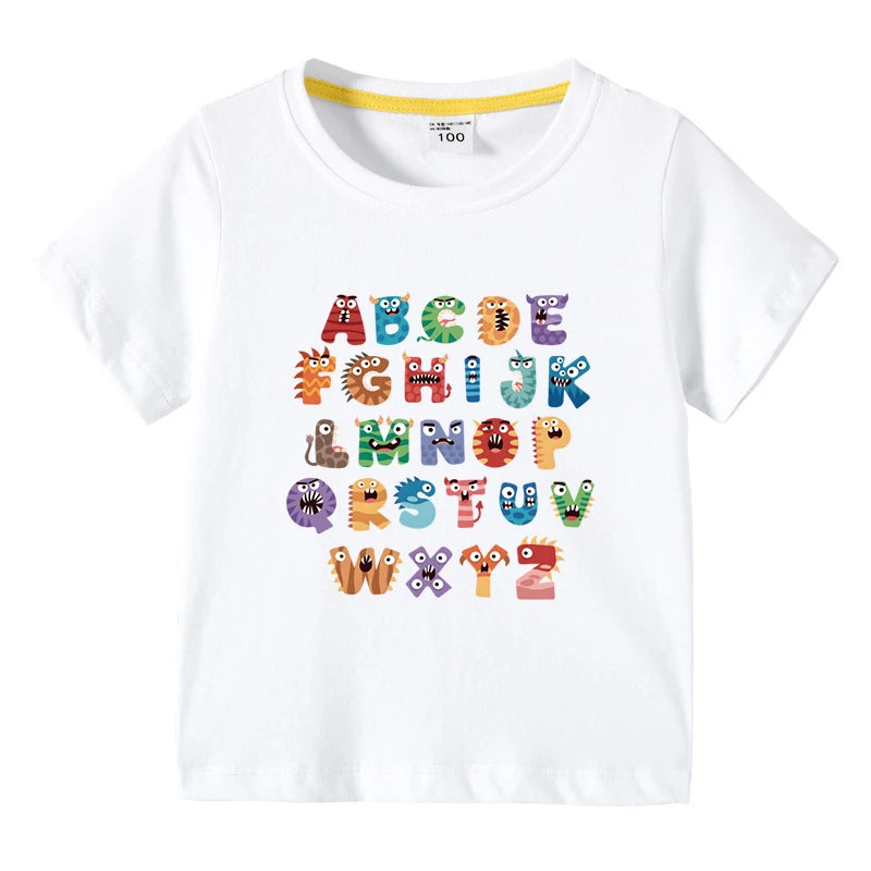 Boys Girls T-Shirt 26 Letters Print Black 100% Cotton Short Sleeve Tee Soft Casual Summer Tops for Kids Children