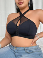 Plus Size Wireless Halter Bra With Mesh Panel And Front Closure