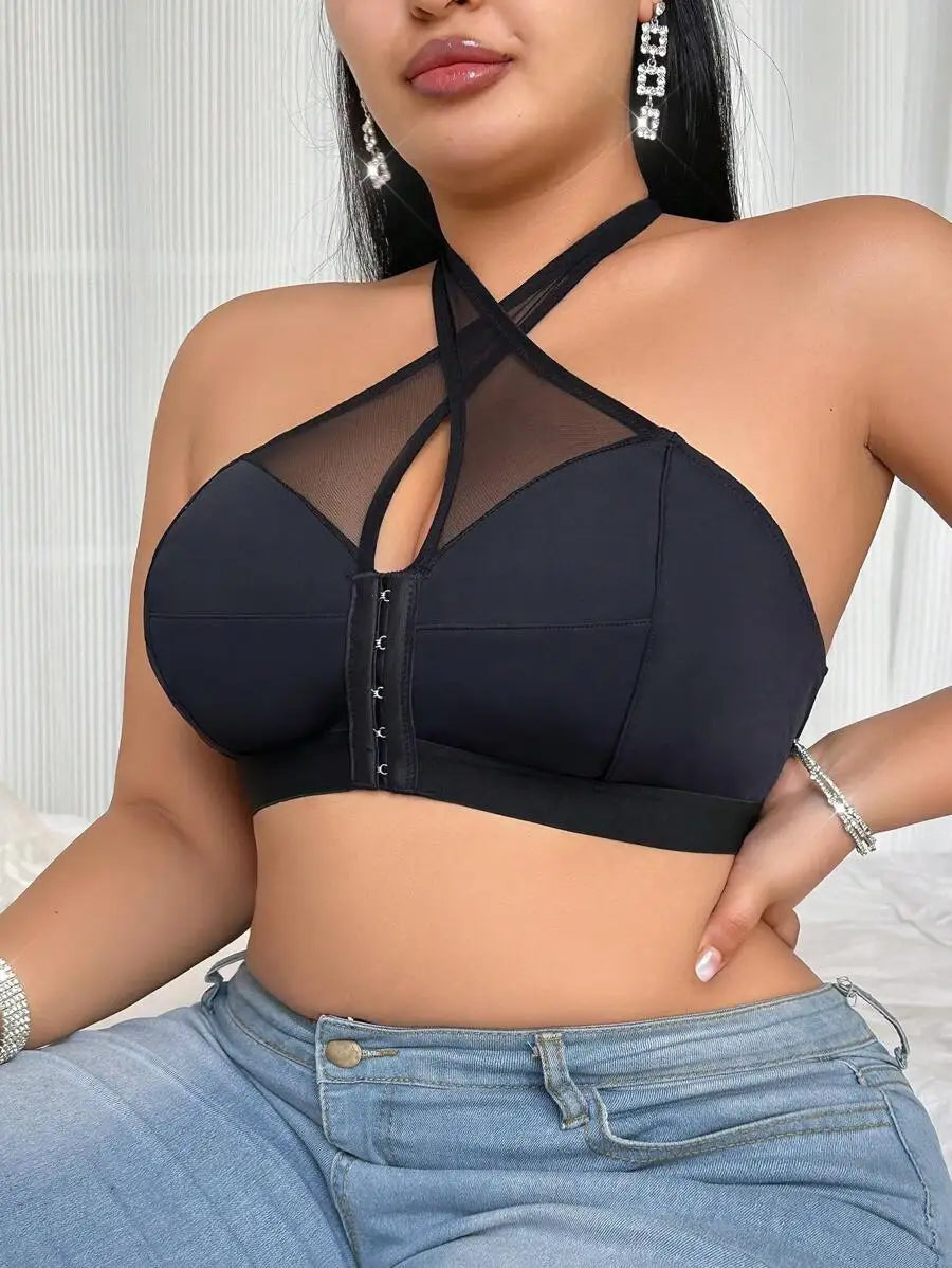 Plus Size Wireless Halter Bra With Mesh Panel And Front Closure