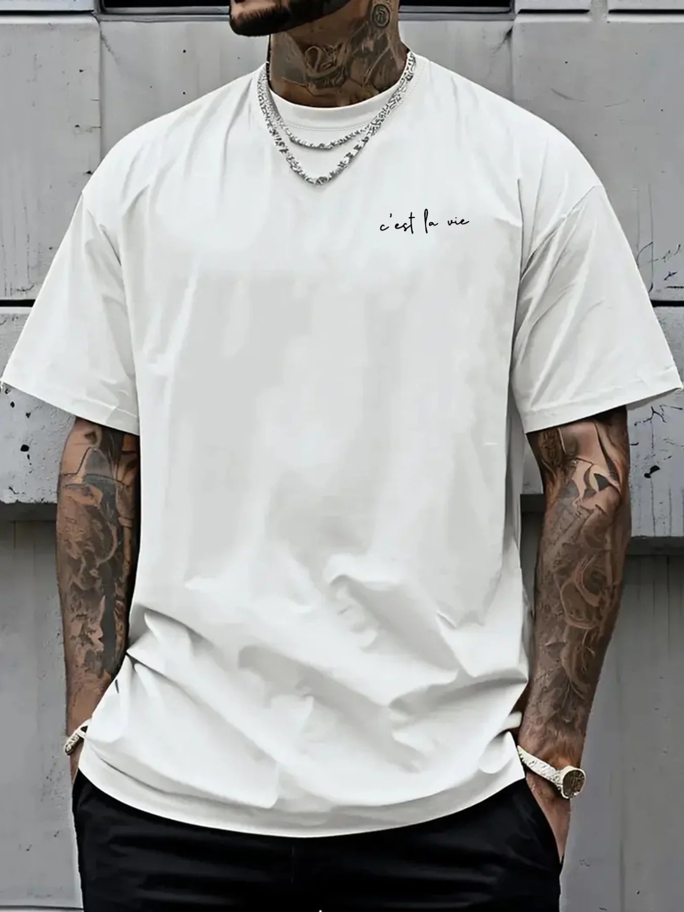 100% pure cotton summer men's fashionable casual loose c'est la vie letter double-sided printed round neck short sleeved T-shirt