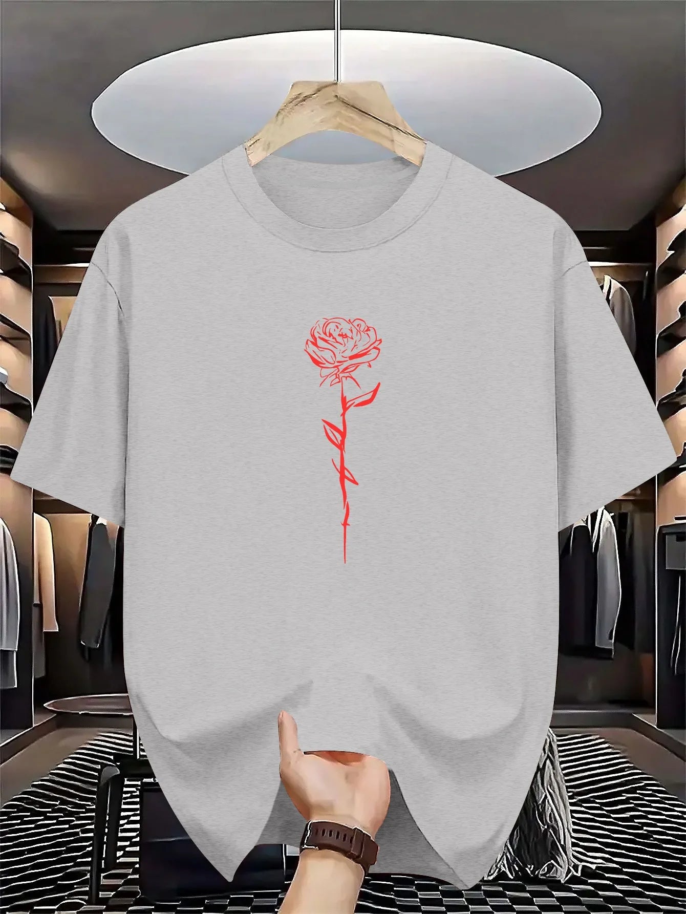 Men's summer 100% pure cotton fashionable casual loose rose pattern printed round neck short sleeved T-shirt top
