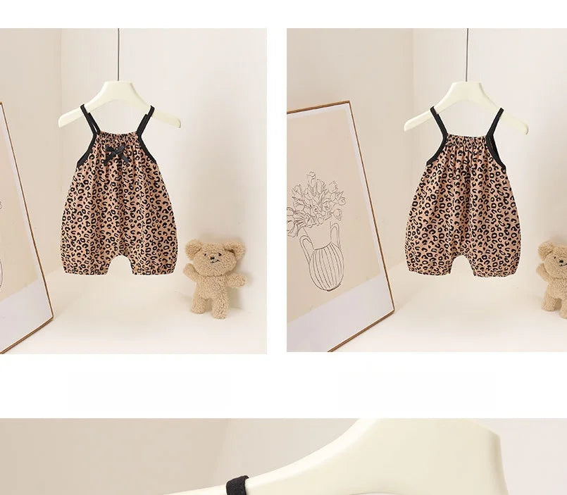 Summer Baby Girls Leopard Print Jumpsuit Infant Sleeveless Suspender One Pieces Bow Decor 0-3Y Toddler Romper Clothes