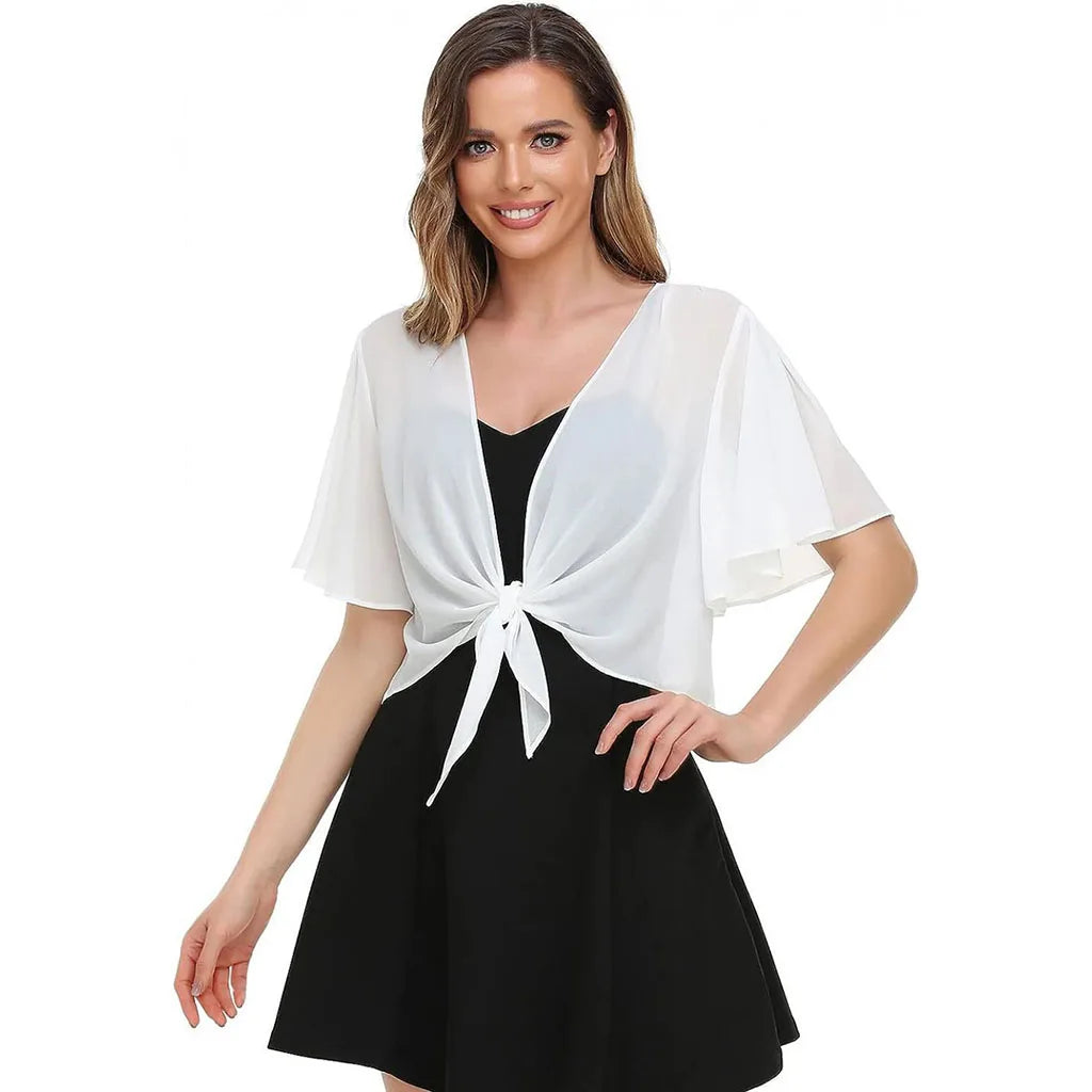2026 Europe and the United States new women's blouse solid color short-sleeved cardigan thin chiffon cape tied and tied cape