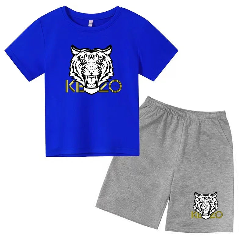 Kids T-shirt Boys Girls Toddlers 3-12Y Fashion Cute Tiger Print Brand Clothing Short Sleeve+Shorts 2P Outdoor Leisure Sports Set