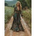 2026 Ethnic Bohemian Print Vacation Beach Dress V Neck High Waist Floral Flower Long Dress