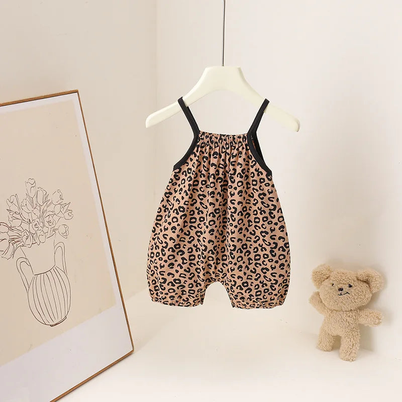 Summer Baby Girls Leopard Print Jumpsuit Infant Sleeveless Suspender One Pieces Bow Decor 0-3Y Toddler Romper Clothes