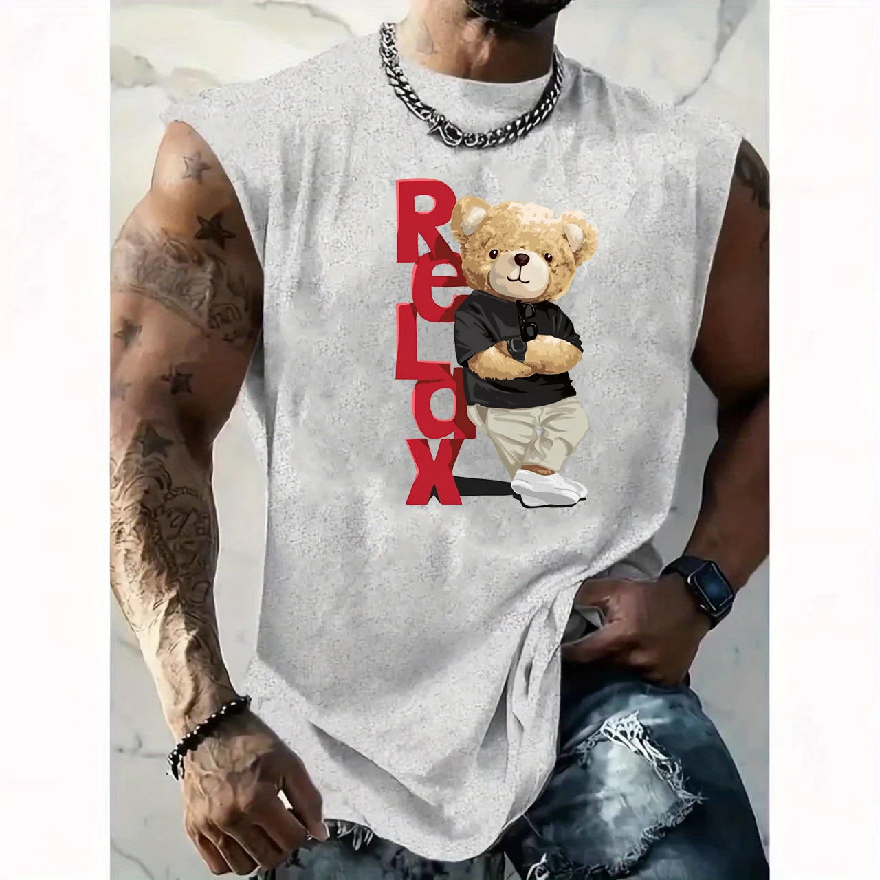 Men's summer casual sports loose RELDX bear print comfortable and breathable round neck sleeveless vest