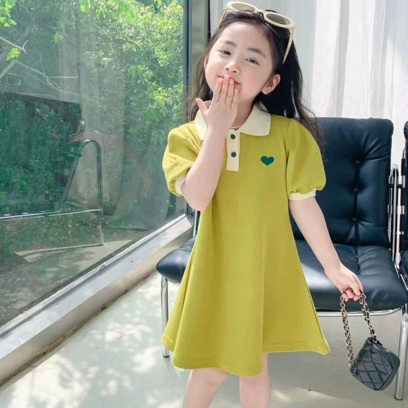 2026 New Summer Children's Dress Baby Girls Heart Print Short Sleeves Lapel Polo Shirt Dresses Kids Clothes Princess Dress 1-10Y
