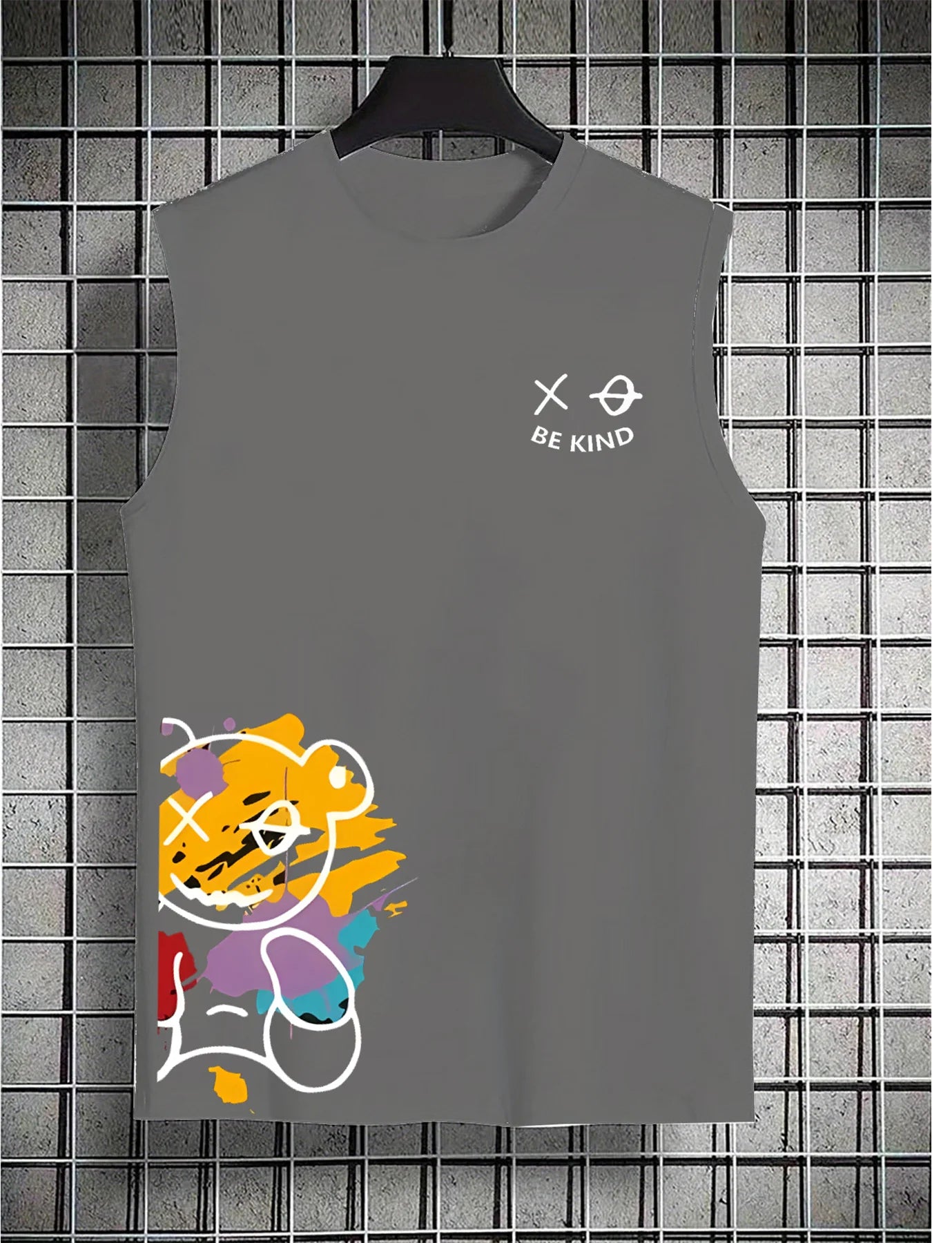 Men's Summer Leisure Sports Fitness Loose Cartoon Bear Pattern Printed Comfortable and Breathable Round Neck Sleeveless Tank Top