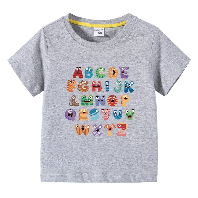 Boys Girls T-Shirt 26 Letters Print Black 100% Cotton Short Sleeve Tee Soft Casual Summer Tops for Kids Children