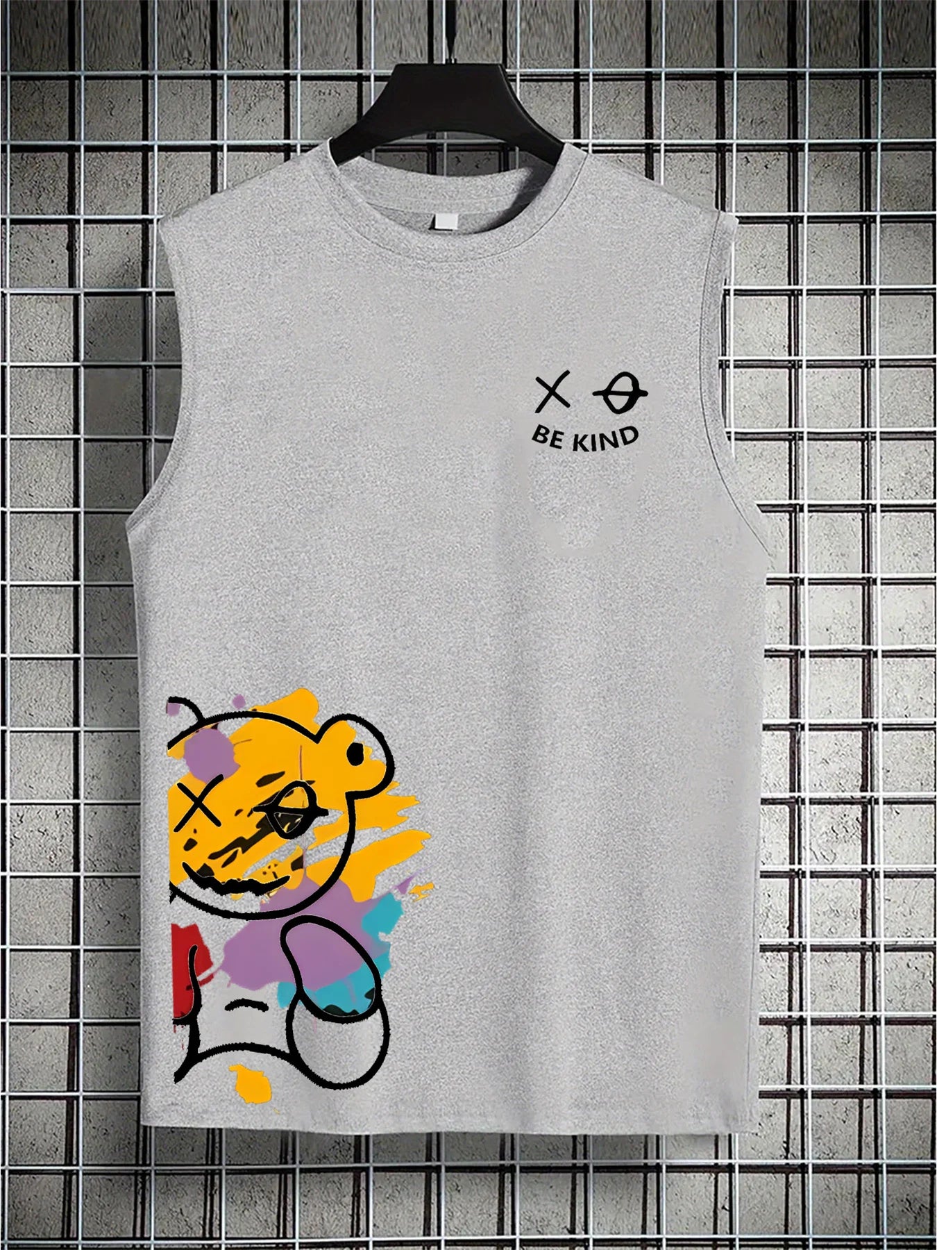 Men's Summer Leisure Sports Fitness Loose Cartoon Bear Pattern Printed Comfortable and Breathable Round Neck Sleeveless Tank Top