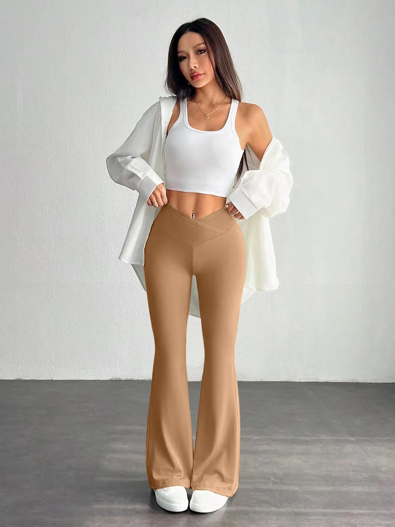 Autumn Nude-Colored High-Waisted Cross V-Shaped Waistband Flared Pants Women's Slim-Fit Yoga Fitness Long Pants with Asymmetrica