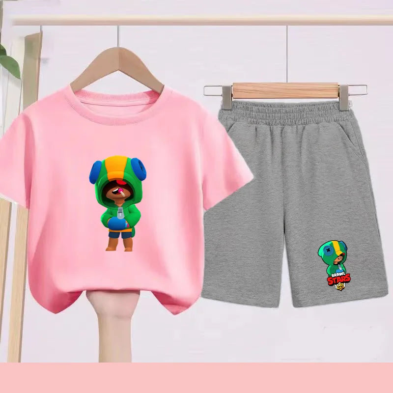 Children's Set Summer Suitable for Both Boys and Girls -Round-neck Cartoon Anime Sports T-Shirt Baby Short-Sleeved Shorts (Set)