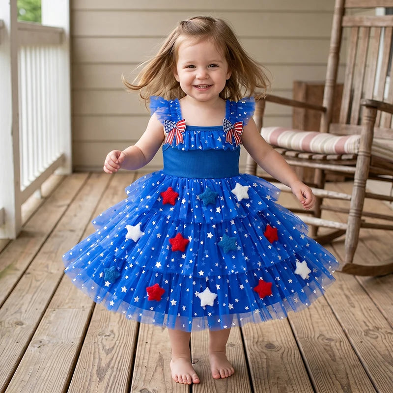 Children Tiered Ruffle Mesh Dresses Girls 4th of July Sleeveless Tutu Dress Star Decor 0-6Y Kids Independence Day Outfit