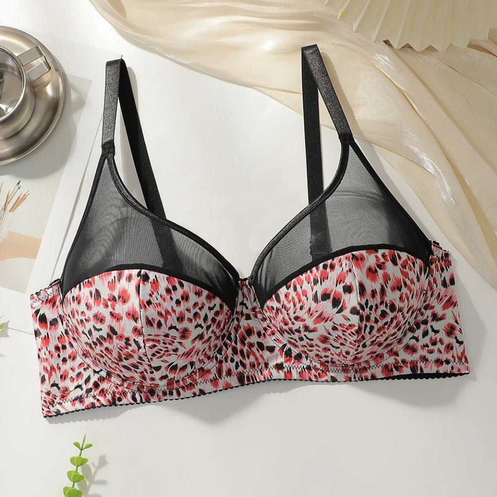 Leopard Print Plus Size Bra Sexy Mesh Push Up Lift Adjustable Bras Comfortable Anti Sagging Women Underwear