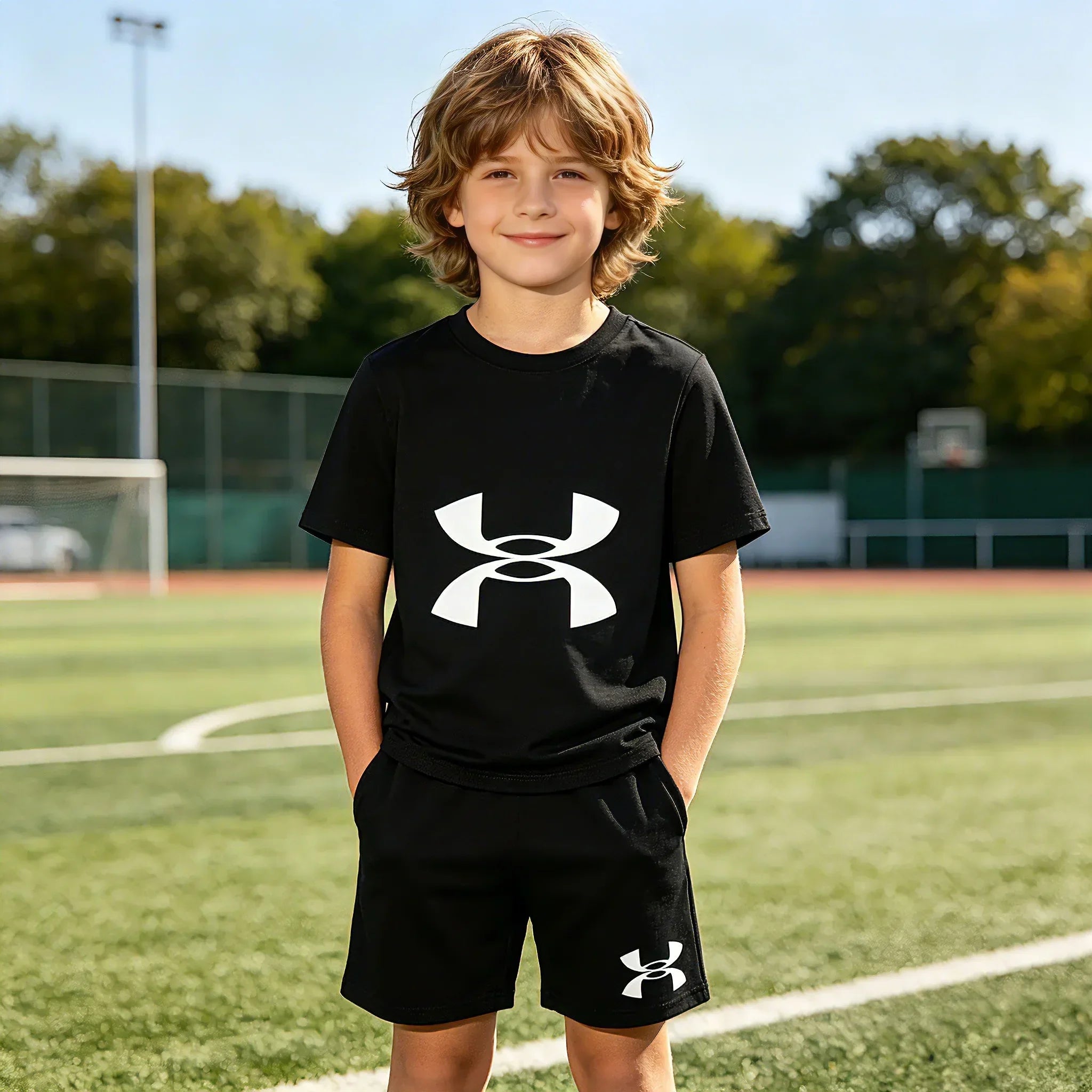 2026 New 3-14Y Kids 2Pcs Sports Outfits Boys Creative Logo Print Short Sleeve T-Shirt + Shorts Set Fashion Breathable Children C