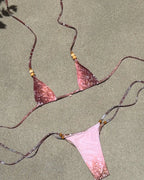 2026 Women's Two-Piece Swimsuit Pink Marble Pattern with Beaded Straps Perfect for Beach Wear and Pool Parties Summer Getaways
