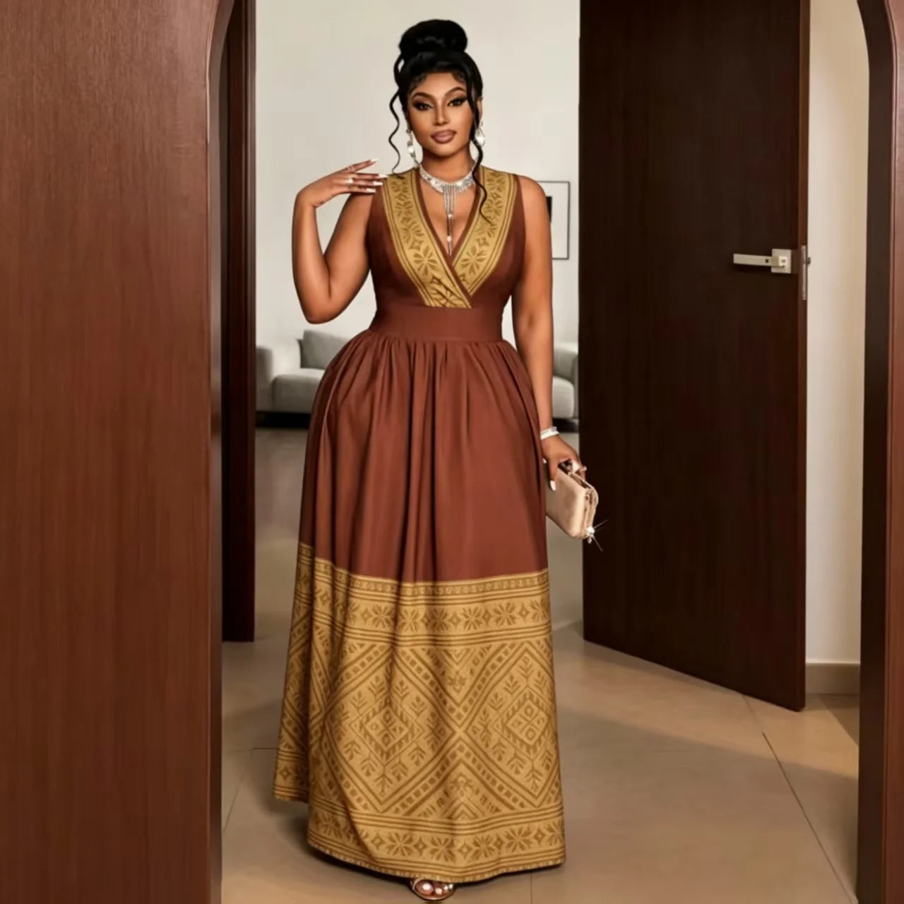 plus Size Sleeveless V-Neck Dress Geometric Pattern Ruffle Hem Women's Fashion Casual Maxi Dress