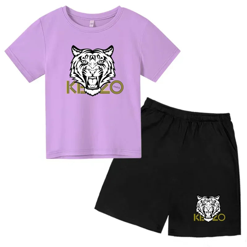 Kids T-shirt Boys Girls Toddlers 3-12Y Fashion Cute Tiger Print Brand Clothing Short Sleeve+Shorts 2P Outdoor Leisure Sports Set