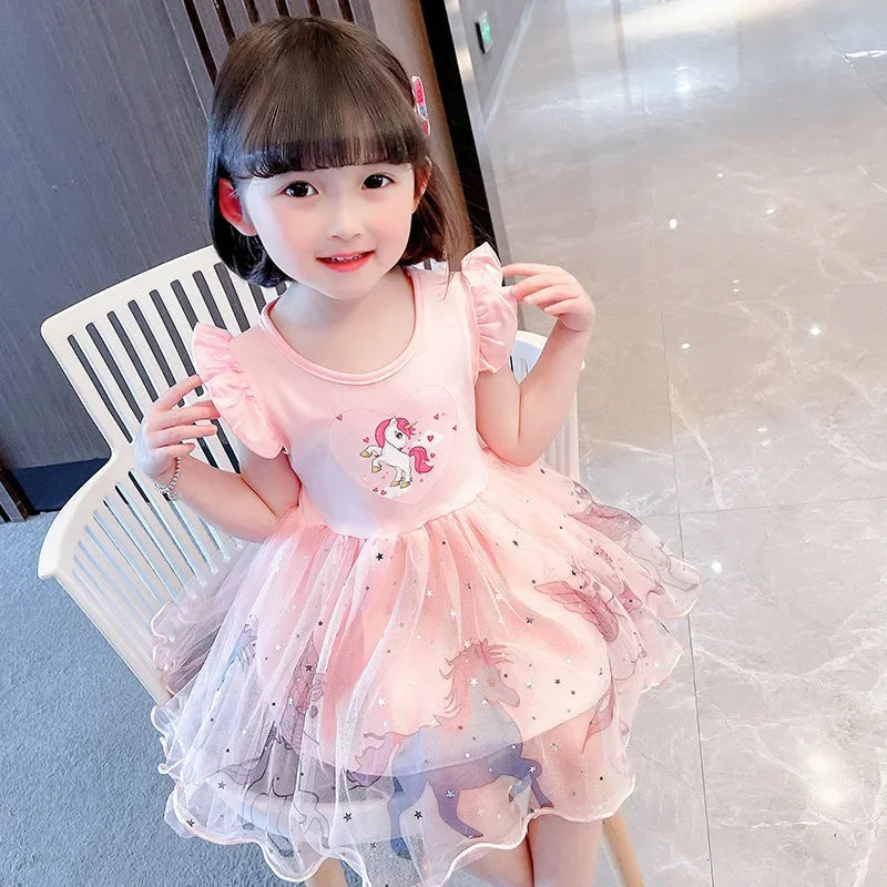 Girls Clothes 2026 New Summer Princess Dresses Flying Sleeve Kids Dress Unicorn Party Baby Dresses for Children Clothing 1-6Y